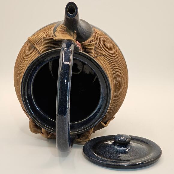 Signed Vintage Ribbed Studio Pottery Teapot with Lid - Floral Berry Accents - Picture 6 of 8